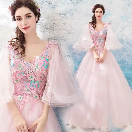 Flower Fairy Blushing Pink Prom Dresses 2019 A-Line / Princess V-Neck 3 ...