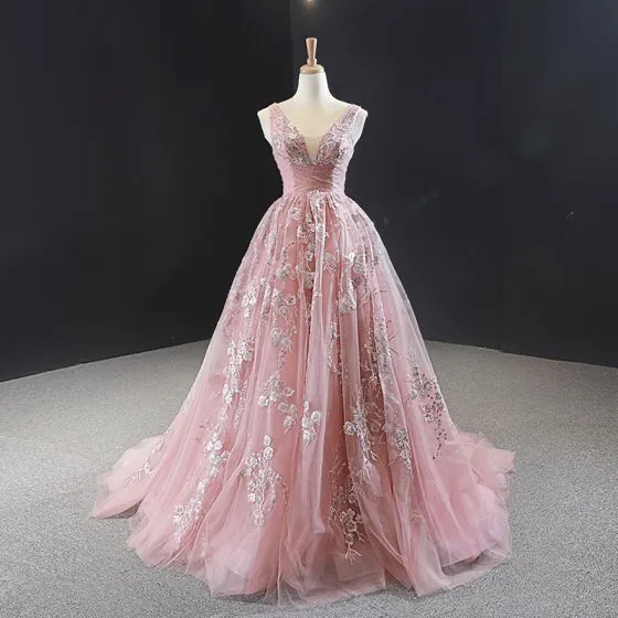 Classy Pearl Pink Evening Dresses 2023 A-Line / Princess V-Neck ...