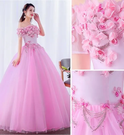 Elegant Candy Pink Prom Dresses 2019 Ball Gown Off-The-Shoulder Pearl ...