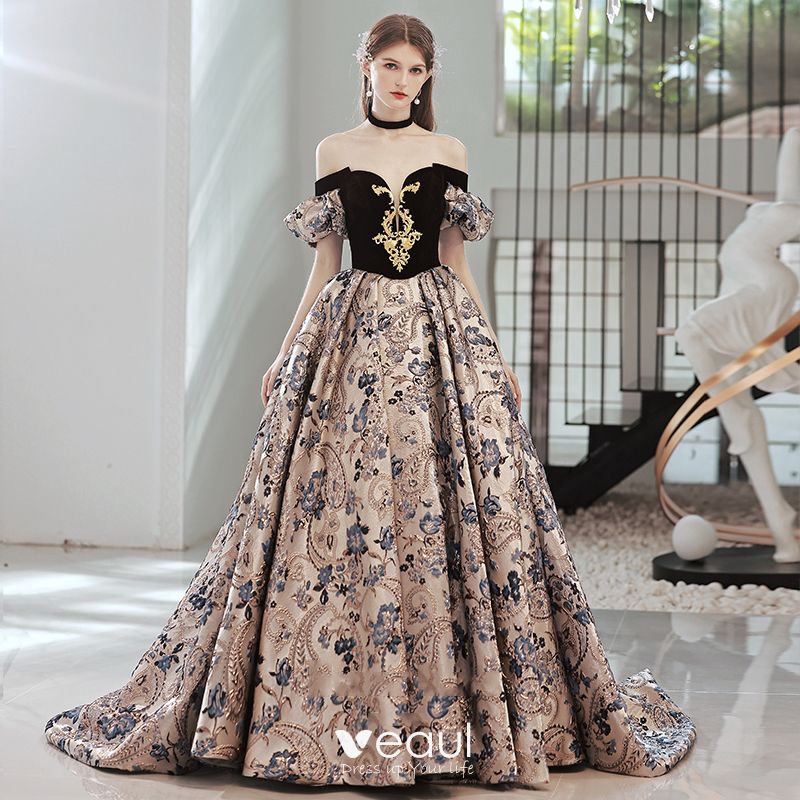 Vintage / Retro Black Printing Prom Dresses 2022 Ball Gown Off-The ...