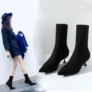 Chic / Beautiful Black Casual Womens Boots 2019 Polyester 6 cm Stiletto Heels Pointed Toe Boots