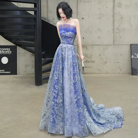 Sparkly Ocean Blue Evening Dresses 2020 A-Line / Princess Strapless ...