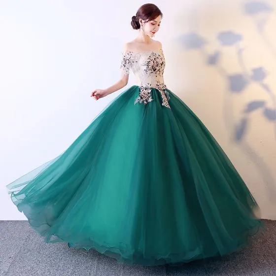Elegant Dark Green Prom Dresses 2019 Ball Gown Off-The-Shoulder ...