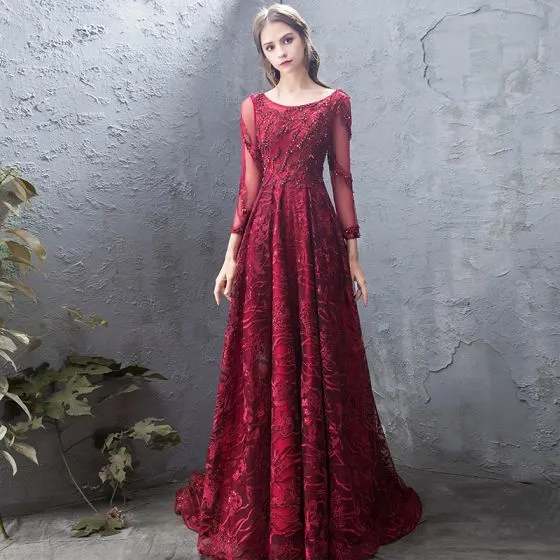Luxury / Gorgeous Burgundy Evening Dresses 2019 A-Line / Princess Lace ...