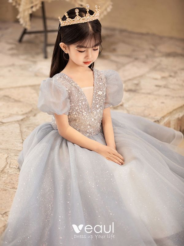 Chic Beautiful Grey Birthday Flower Girl Dresses 2022 Ball Gown High Neck  Beading Long