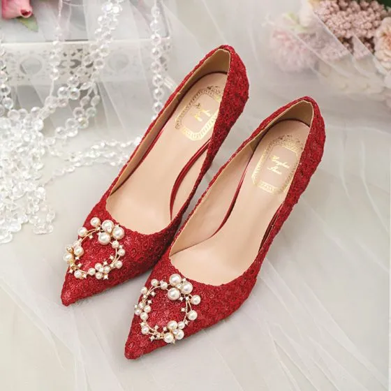Chinese style Red Lace Wedding Shoes 2020 Pearl Rhinestone 10 cm ...