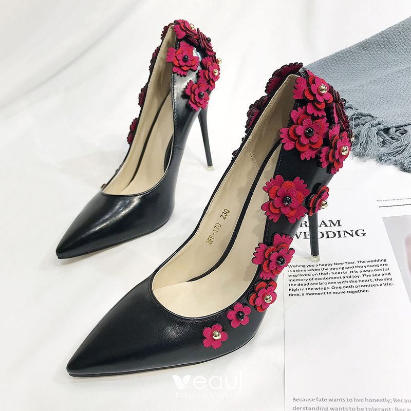 New women's shoes pumps beads flower detail stilettos formal prom party black 