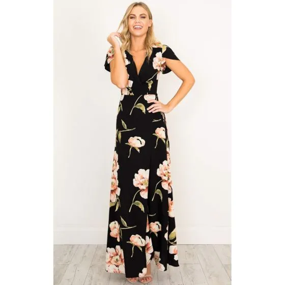 Bohemia Black Holiday Maxi Dresses 2018 A-Line / Princess Printing Lace Up  V-Neck Short Sleeve