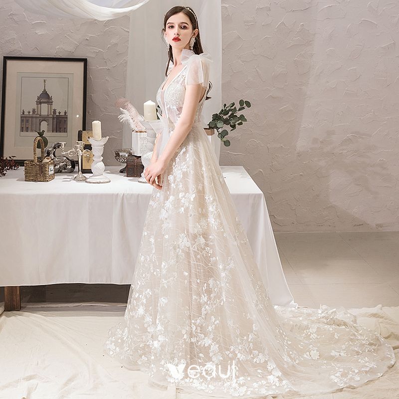 Chic / Beautiful Ivory Beach Wedding Dresses 2019 A-Line / Princess V ...