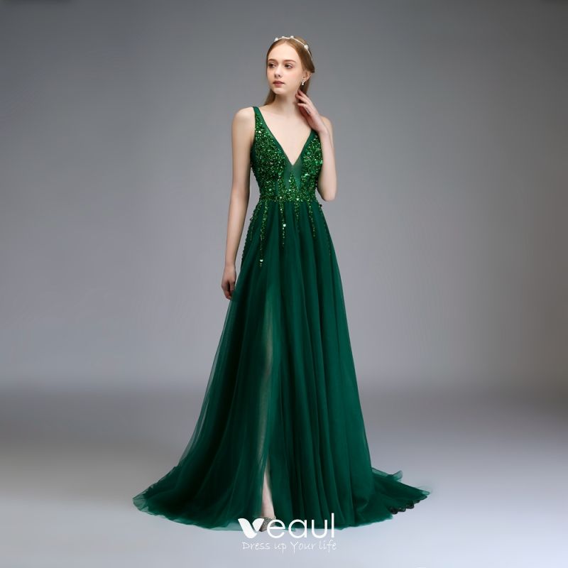 Sexy Grey Prom Dresses 2020 A-Line / Princess Deep V-Neck Sleeveless ...