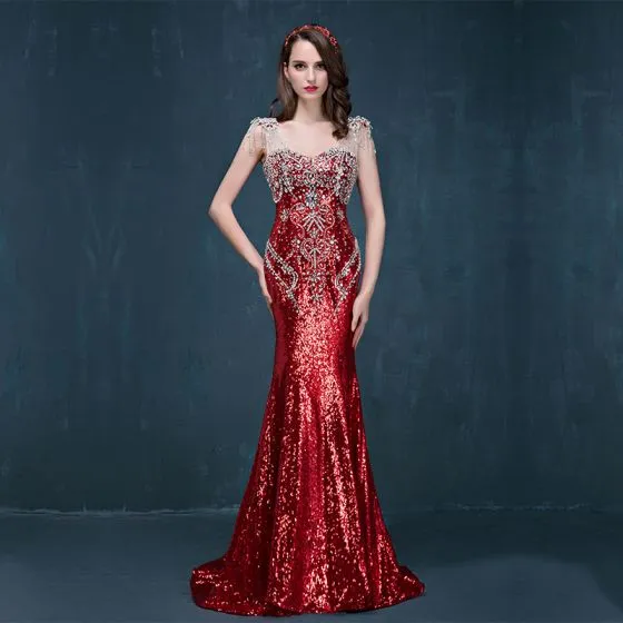 Sparkly Red Sequins Evening Dresses 2017 Trumpet / Mermaid Sweep Train ...
