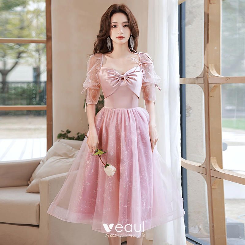 Lovely Candy Pink Prom Dresses 2022 A-Line / Princess Square Neckline Bow  Star Sequins Short Sleeve