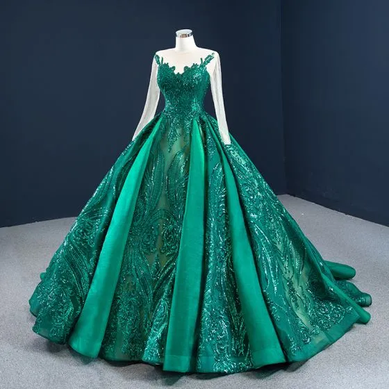 Luxury / Gorgeous Dark Green See-through Prom Dresses 2020 Ball Gown ...