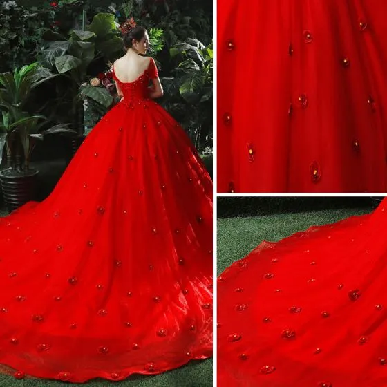 Chic Beautiful Red Wedding Dresses 2018 Ball Gown Appliques Beading Rhinestone V Neck Backless 