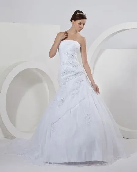 Satin Organza Strapless Beading Applique Ruffles Mermaid Bridal