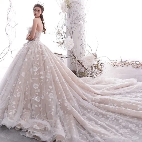 Elegant Champagne Wedding Dresses 2019 A-Line / Princess Sweetheart ...
