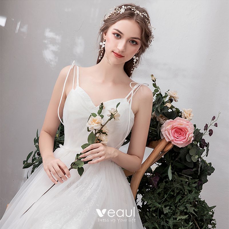 Affordable Ivory Beach Wedding Dresses 2019 A-Line \/ Princess Spaghetti