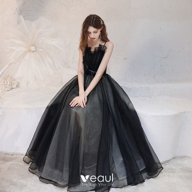 Elegant Black Dancing Prom Dresses 2021 A-Line / Princess Spaghetti ...