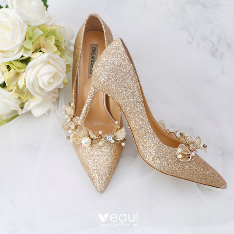 Sparkly Gold Wedding Shoes 2019 Leather Sequins Appliques Pearl 9 cm ...