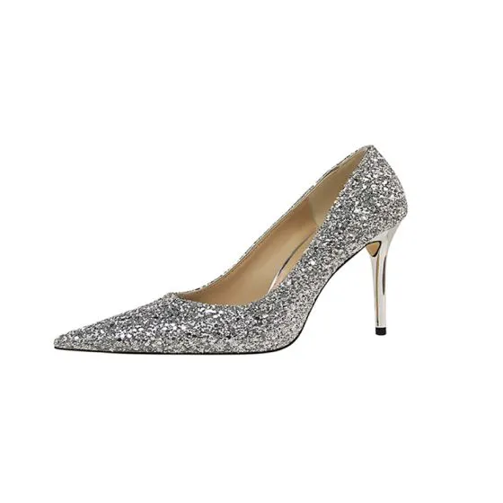 Sparkly Silver Wedding Shoes 2019 Sequins 7 cm Stiletto Heels Pointed ...