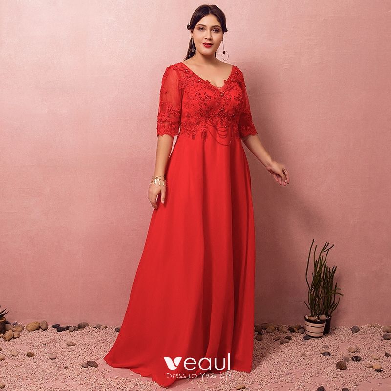 Luxury Gorgeous Red Plus Size Dresses 2018 A-Line / Princess Lace-up V-Neck Appliques Backless Beading Rhinestone Evening Party Prom Dresses