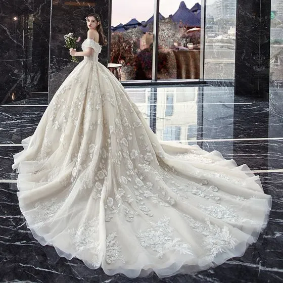 Classy Ivory Wedding Dresses 2019 Ball Gown Off-The-Shoulder Beading ...