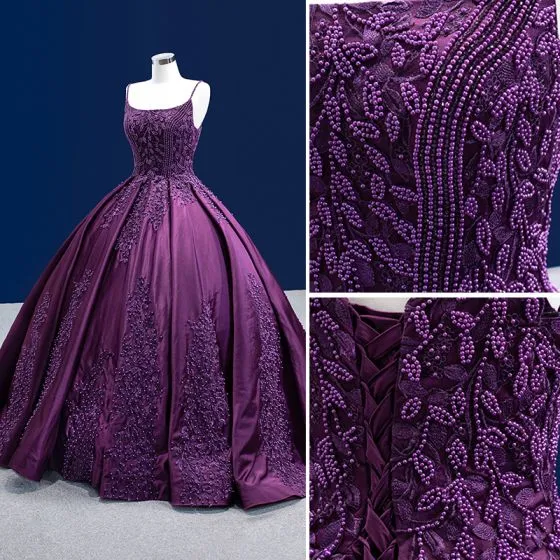 Vintage / Retro High-end Purple Beading Flower Lace Prom Dresses 2022 ...