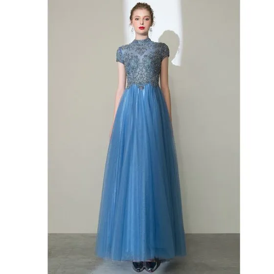 Elegant Pool Blue Prom Dresses 2020 A-Line / Princess High Neck Beading ...