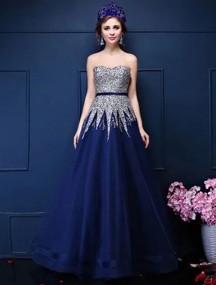 Glitter A-line Sweetheart Beading Sequins Sash Royal Blue Organza Prom ...