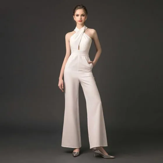 Modern / Fashion Ivory Jumpsuit 2019 Halter Sleeveless Ankle Length ...