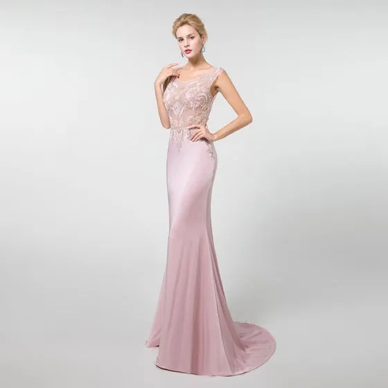 Illusion Candy Pink See-through Evening Dresses 2019 Trumpet / Mermaid ...