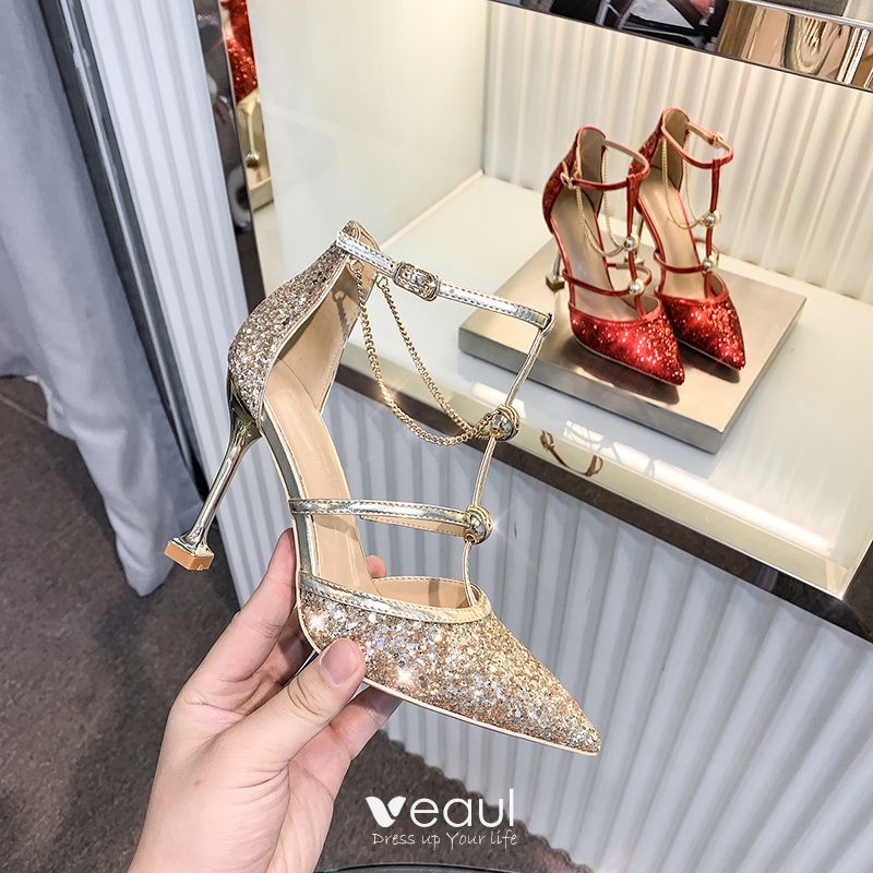 Sparkly Gold Sequins Wedding Shoes 2020 Ankle Strap 10 cm Stiletto ...