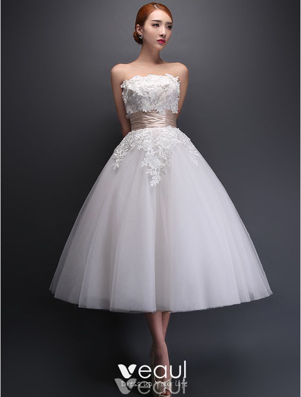 Strapless Applique Lace Flowers Tea Length Short Wedding Dress With ...