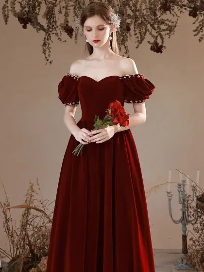 Elegant Burgundy Pearl Suede Prom Dresses 2022 A-Line / Princess Square ...