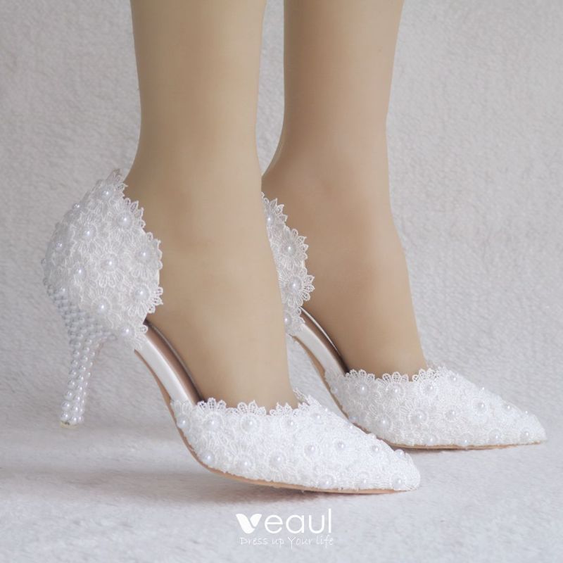 White Womens Shoes 2018 Lace Pearl 