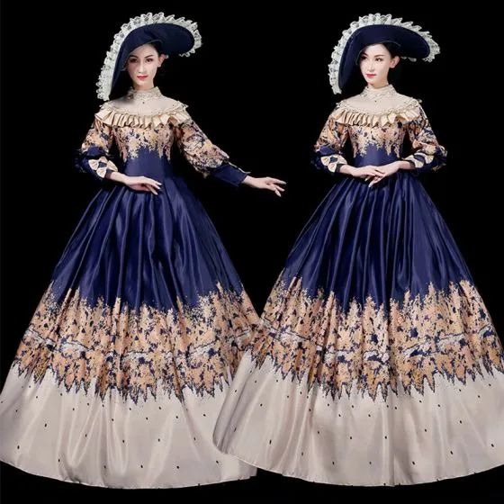 Vintage Retro Medieval Navy Blue Ball Gown Prom Dresses 2021 Scoop