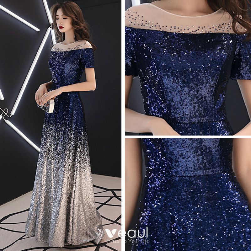 Sparkly Navy Blue Gradient-Color Sequins Evening Dresses 2019 A-Line ...