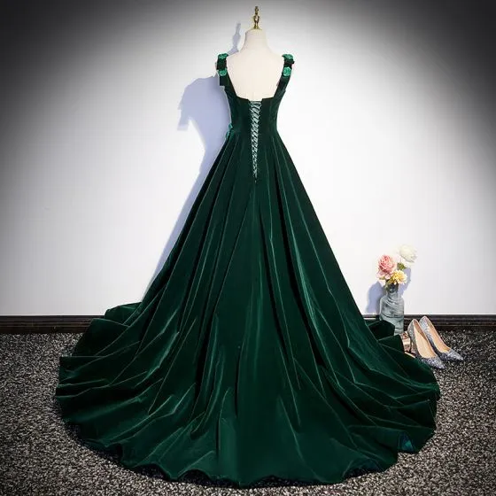 Modest / Simple Dark Green Appliques Suede Prom Dresses 2023 A-Line ...