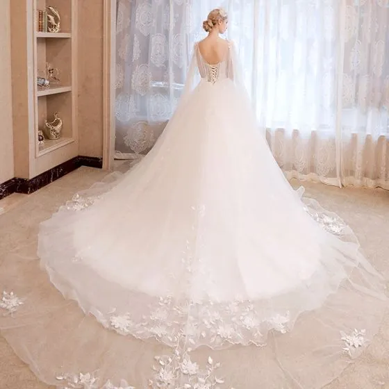 Romantic Ivory Wedding Dresses 2019 A-Line / Princess See-through V ...