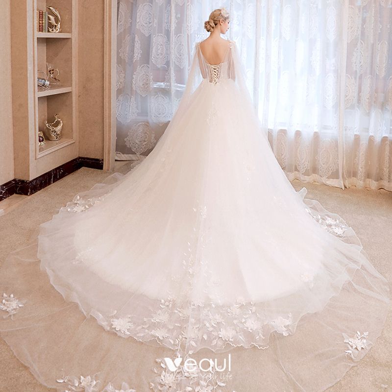 Romantic Ivory Wedding Dresses 2019 A-Line / Princess See-through V ...