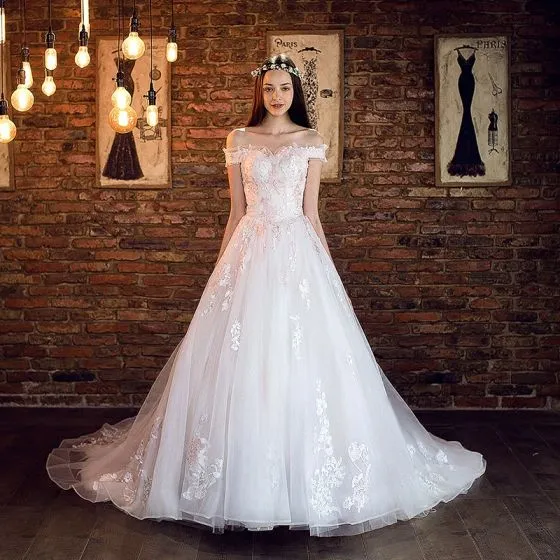 Elegant White Wedding Dresses 2018 A-Line / Princess Off-The-Shoulder ...