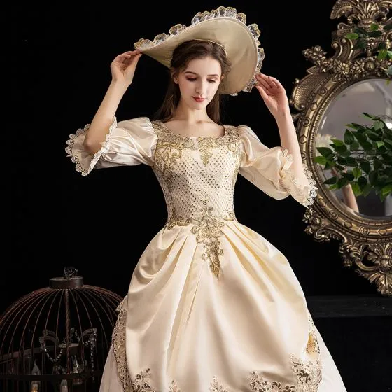 Vintage / Retro Medieval Champagne Prom Dresses 2021 Tulle Satin 3D ...