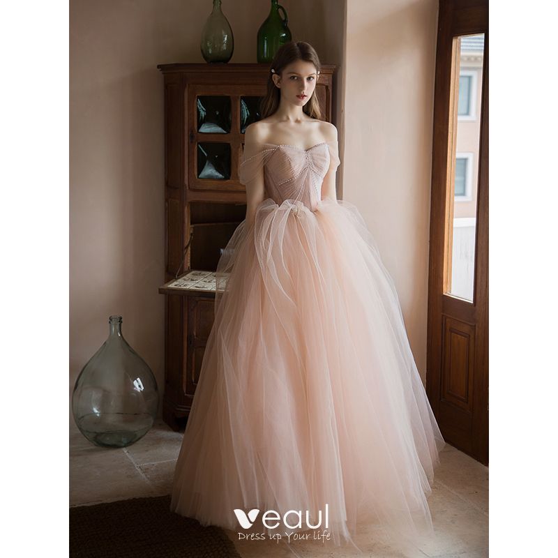 Chic / Beautiful Blushing Pink Pearl Prom Dresses 2021 A-Line ...