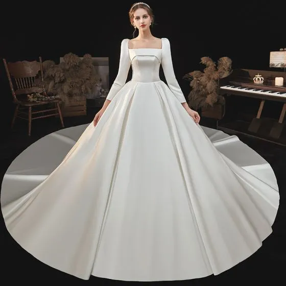 Victorian Style Ivory Satin Wedding Dresses 2021 Ball Gown Square ...
