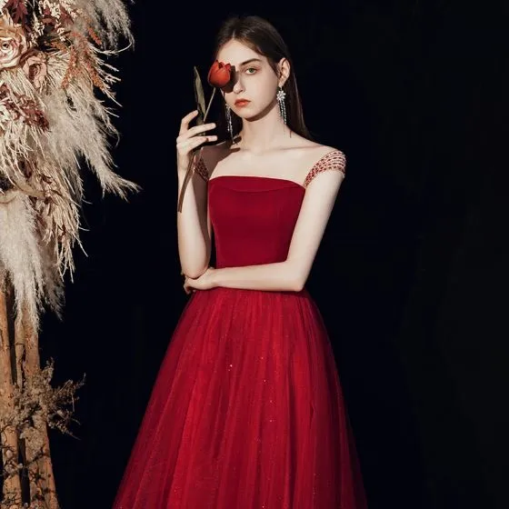 Chic / Beautiful Red Prom Dresses 2020 A-Line / Princess Shoulders ...