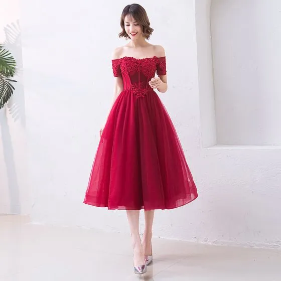 burgundy tea length formal dress