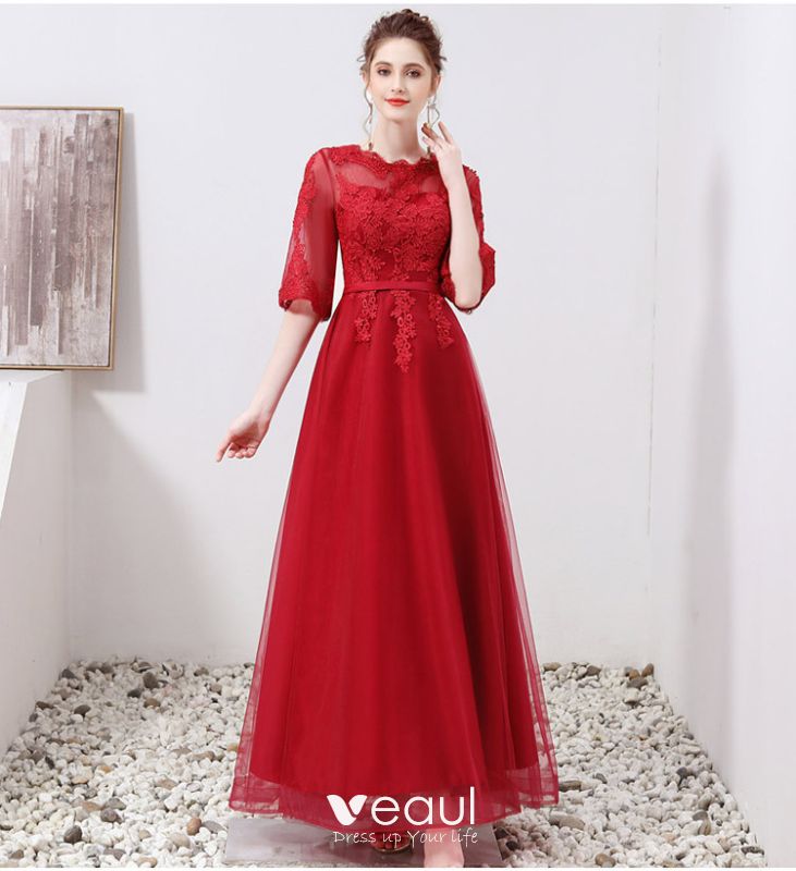 Chic / Beautiful Burgundy Evening Dresses 2019 A-Line / Princess Scoop ...