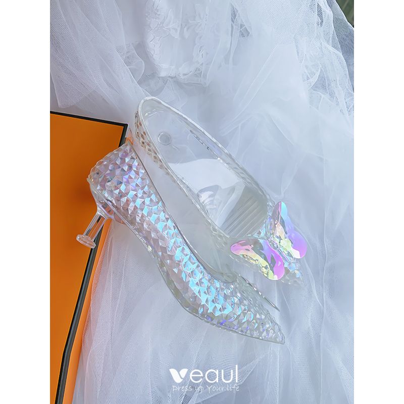 Cinderella Transparent Crystal Wedding Shoes 2023 8 cm Stiletto