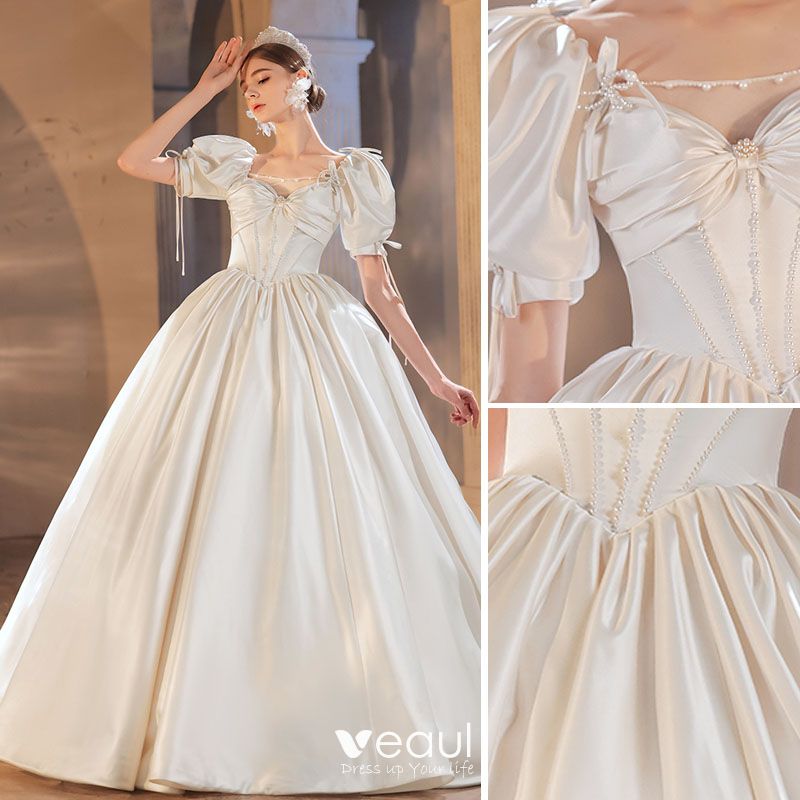 Elegant Ivory Pearl Satin Wedding Dresses 2021 Ball Gown Square ...