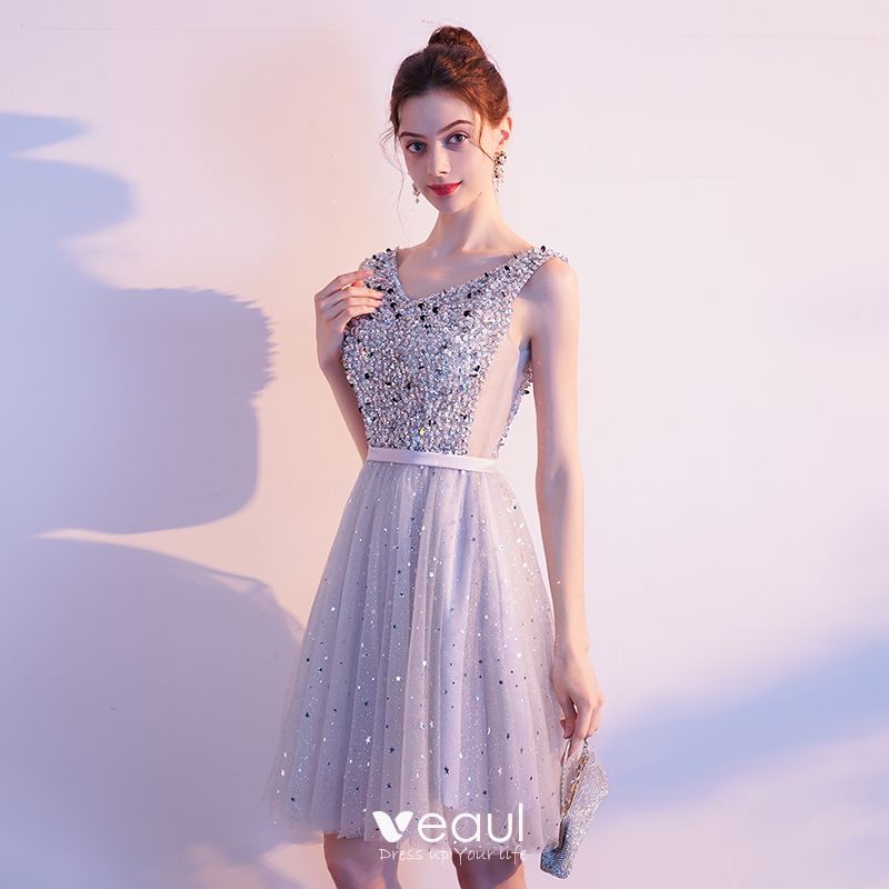 Sparkly Grey Cocktail Dresses 19 A Line Princess V Neck Sleeveless Sash Sequins Beading Glitter Tulle